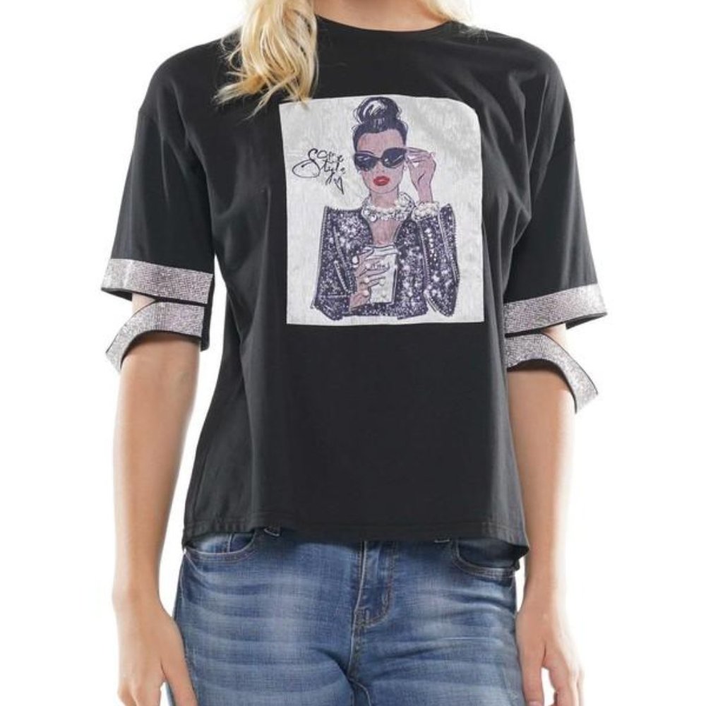 Coffee Lady Patch with Rhinestone Sleeve S - Bust 35 - 36 Waist 27 - 28 M - Bust